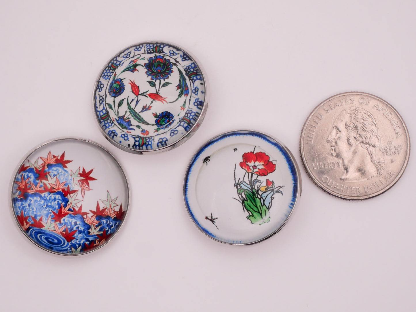 Plate Designs Blue Floral Glass Dome Silver Metal Set of Three Buttons 27mm