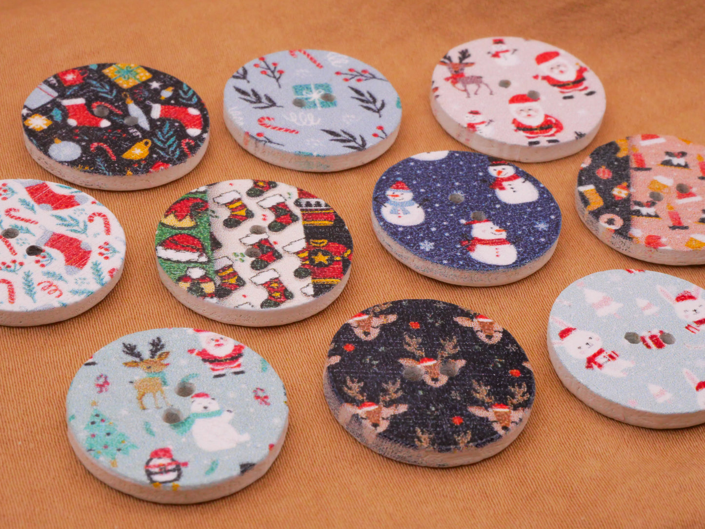 Christmas Pattern Stocking Snowman Santa Assorted Set of Ten Wood Buttons 20mm