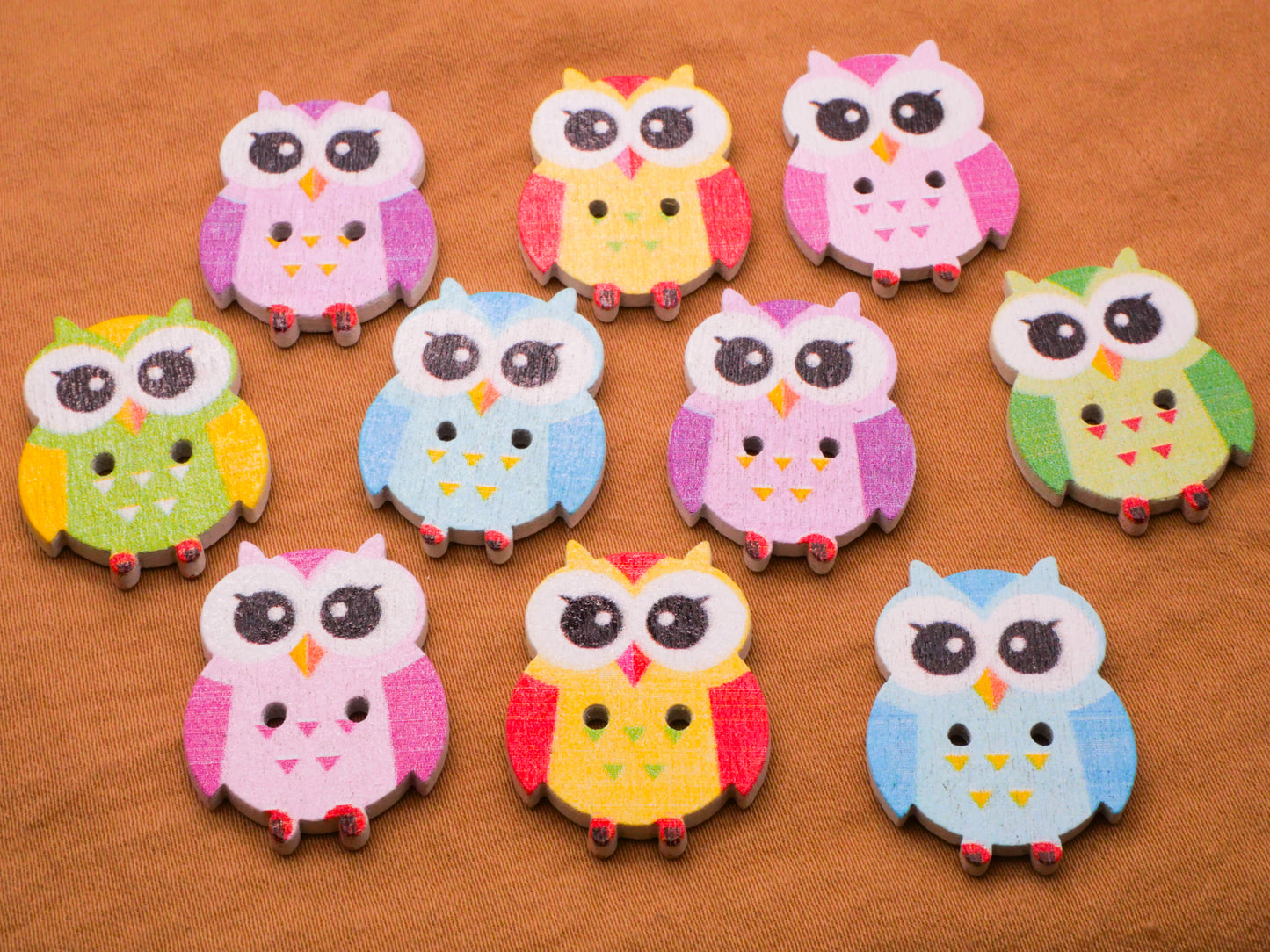 Owl Colorful Pastel Wood Set of Ten Buttons 19x25mm