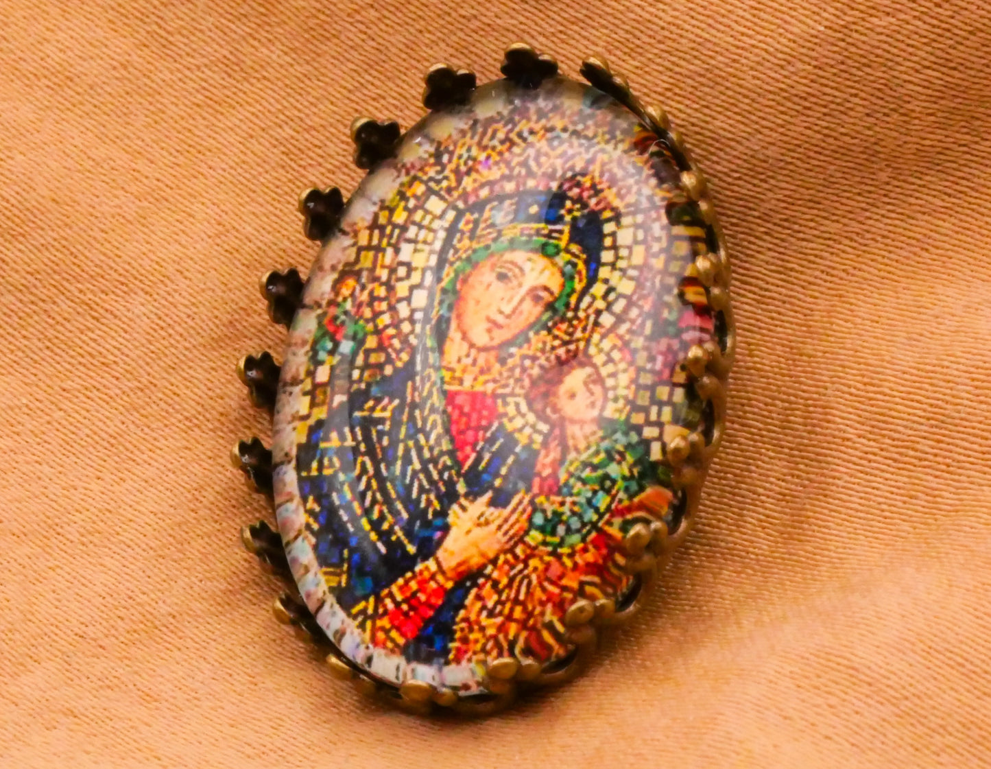 Virgin Mary Glass Lace Crown Dome Bronze Metal Button Various 19-26mm