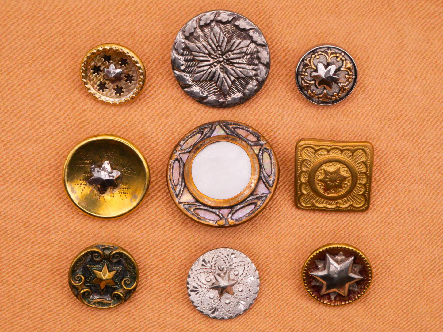 Star Six Point Star of David Steel Cut Antique Metal Button Various 13-23mm