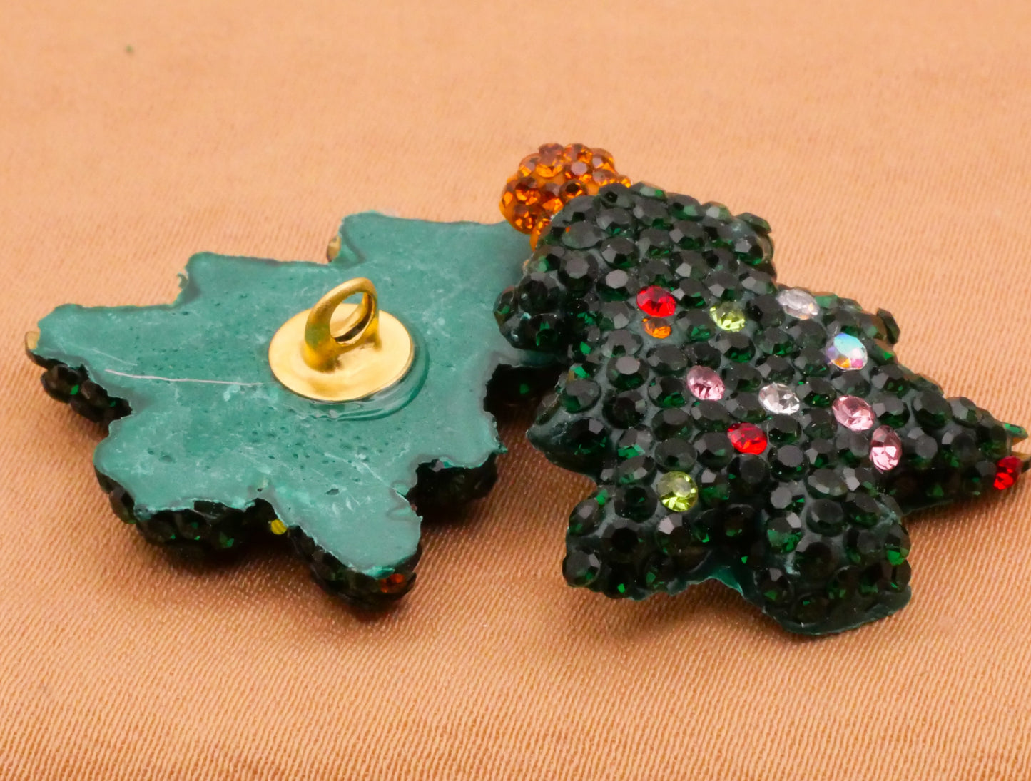 Christmas Tree Rhinestone Encrusted Plastic Button Various 22x26mm