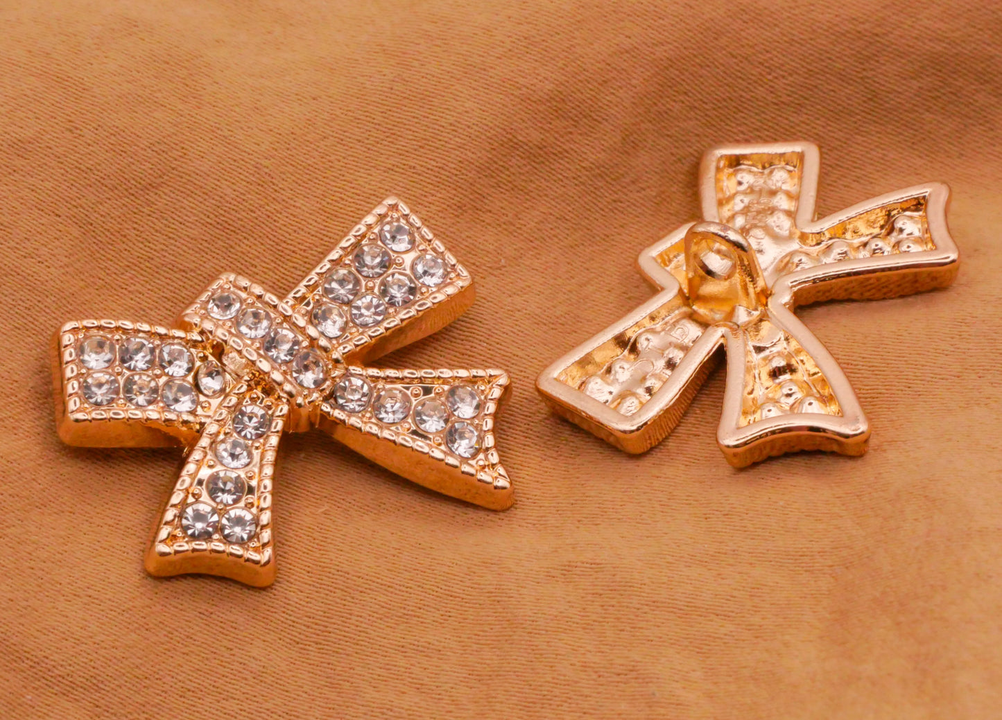 Bow Rhinestone Gold Metal Button 18x25mm