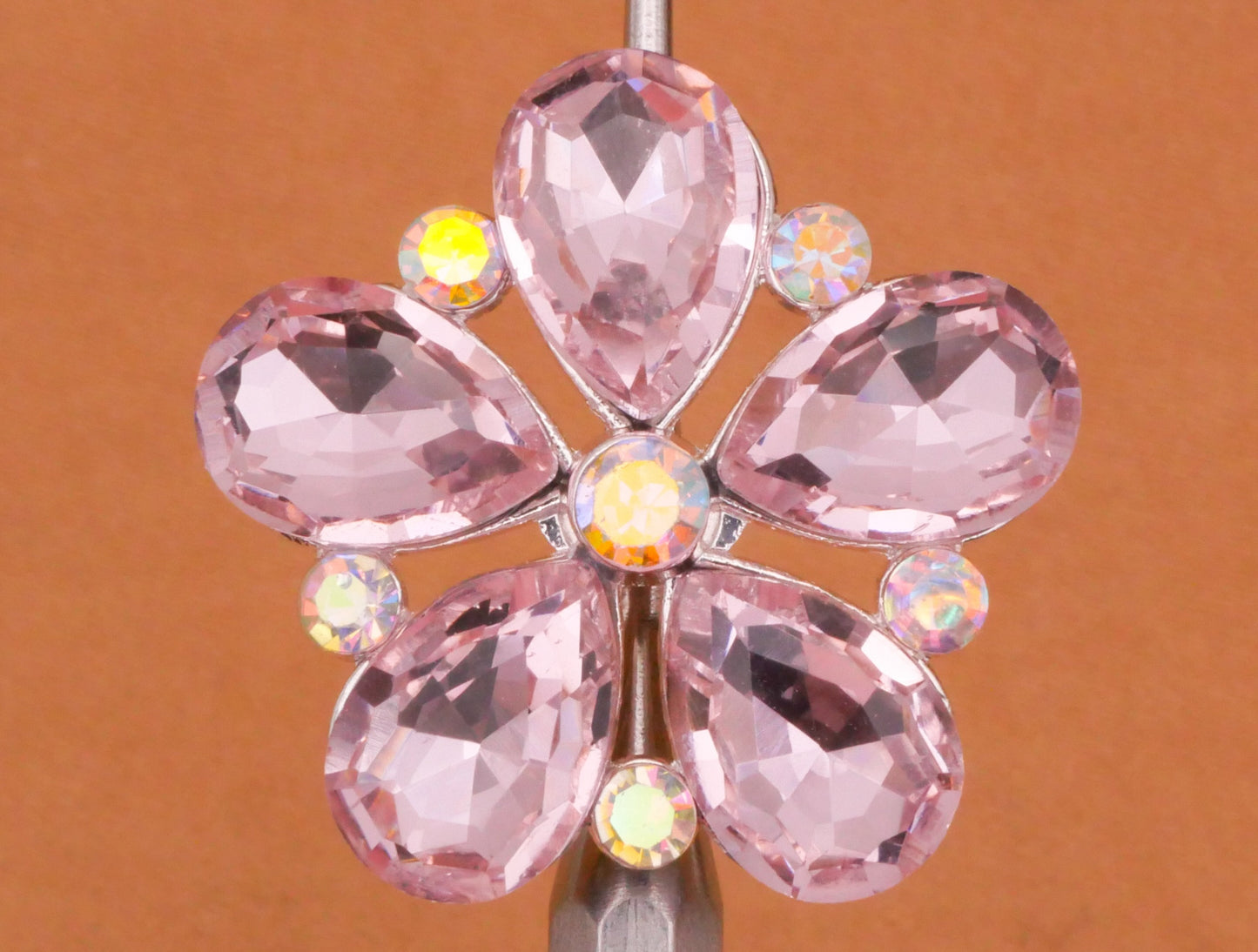 Flower Pink Rhinestone Silver Metal Button 23mm