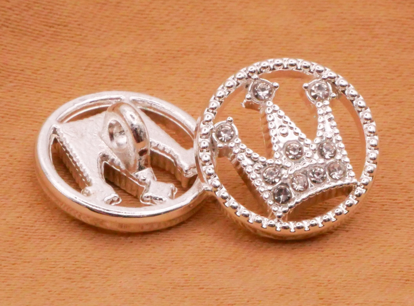 Crown Rhinestone Silver Metal Pair of Buttons 12mm