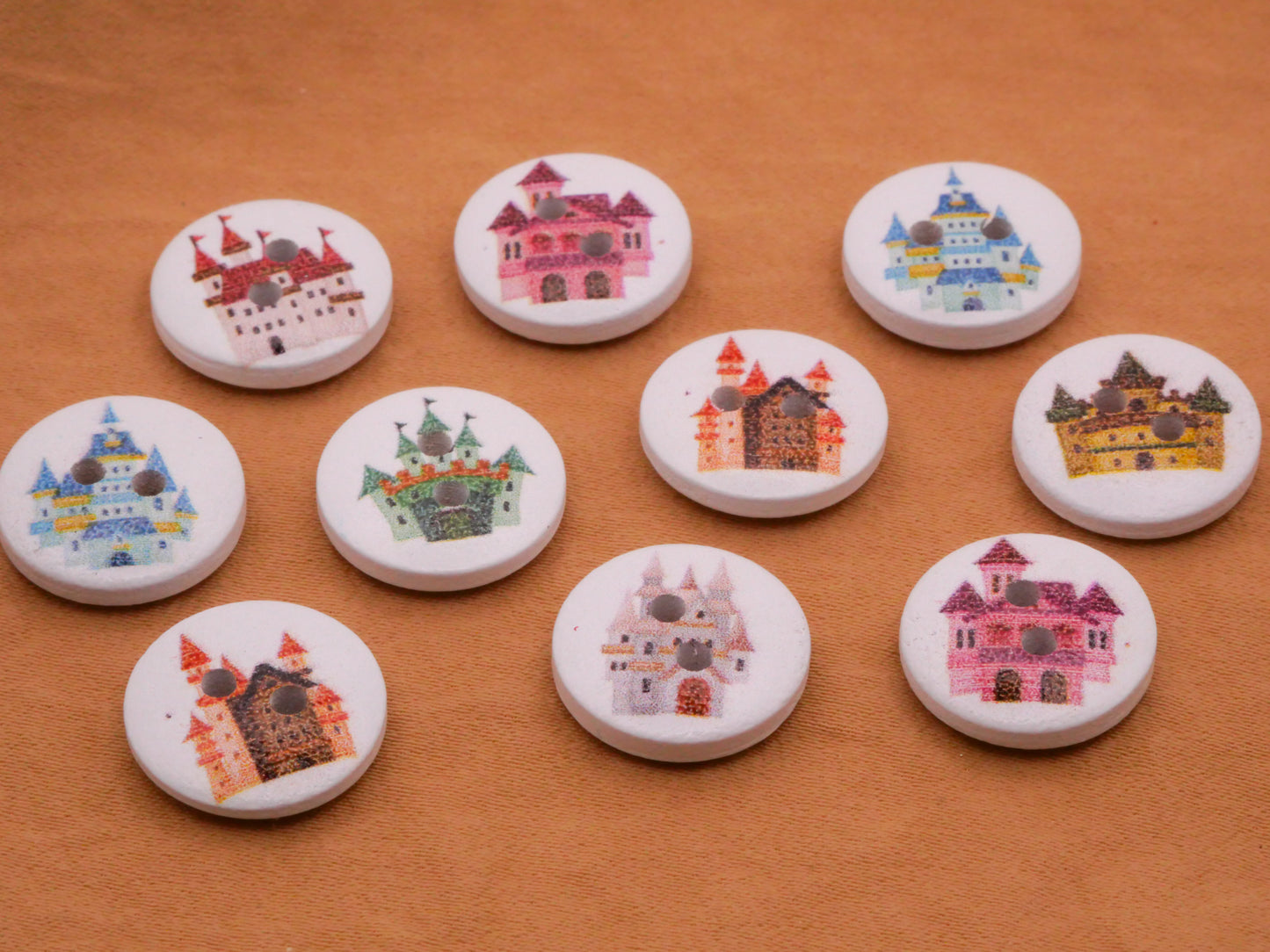 Castle Colorful White Wood Assorted Set of Ten Buttons 15mm