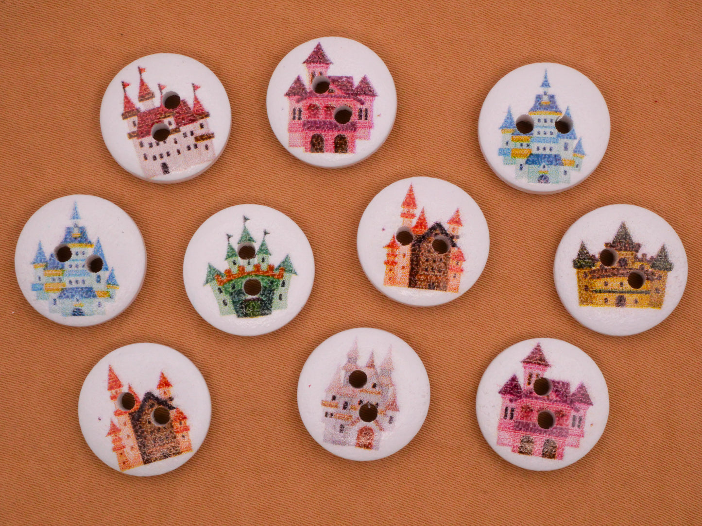 Castle Colorful White Wood Assorted Set of Ten Buttons 15mm