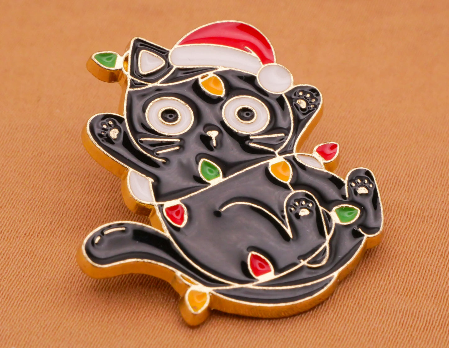 Black Kitty Cat Santa Hat Christmas Lights Enamel Metal Button 28x30mm