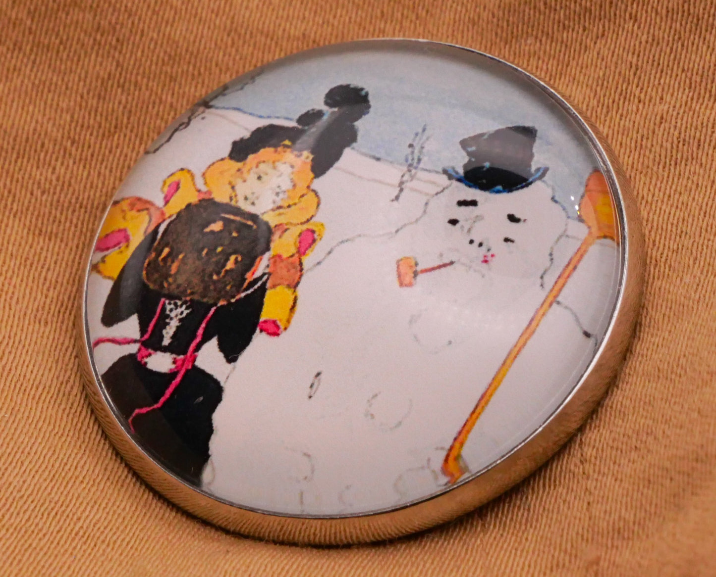Snowman Illustration Penrhyn Stanlaw Winter Glass Dome Silver Metal Button 27mm