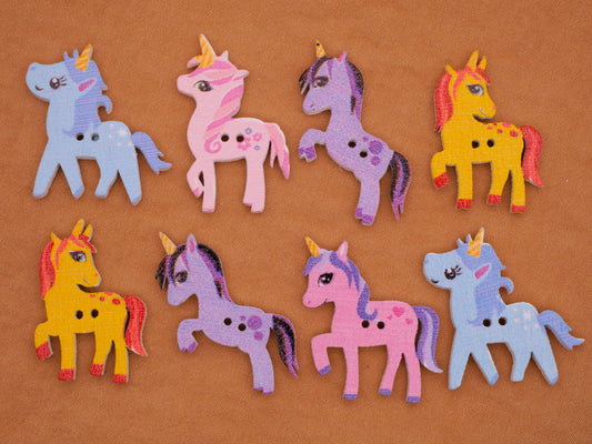 Unicorn Horse Pastel Wood Set of Eight Buttons 18-25mm
