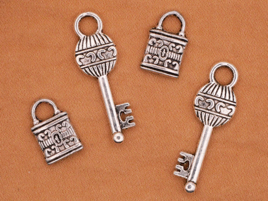 Key Lock Hot-Air Balloon Silver Metal Set of Four Charms Embellishments 8-26mm