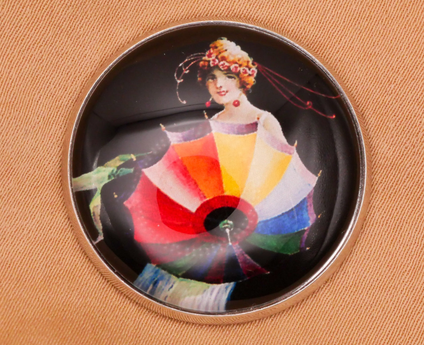 Umbrella Parasol 1920s Woman Illustration Glass Silver Metal Button 27mm