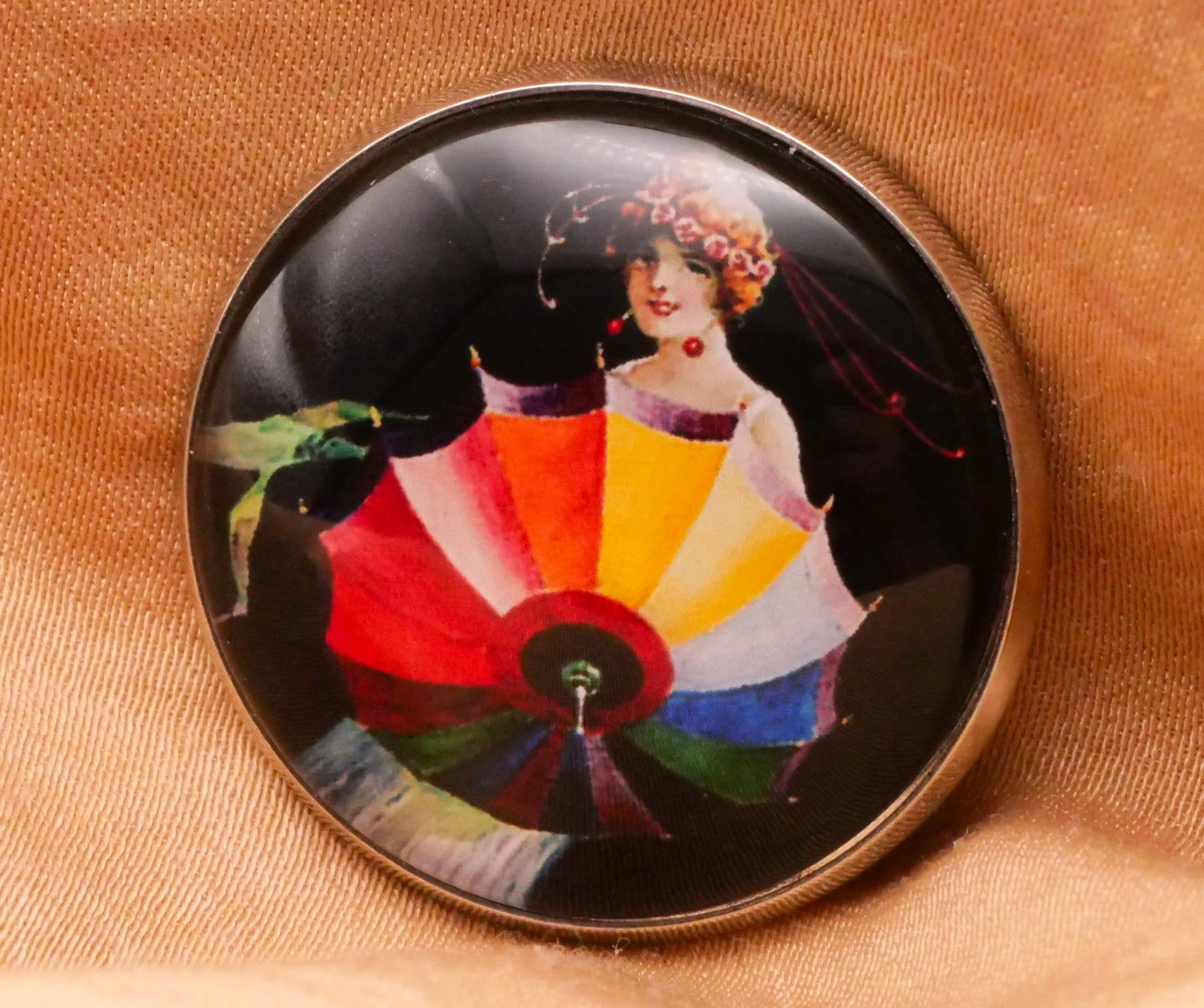 Umbrella Parasol 1920s Woman Illustration Glass Silver Metal Button 27mm