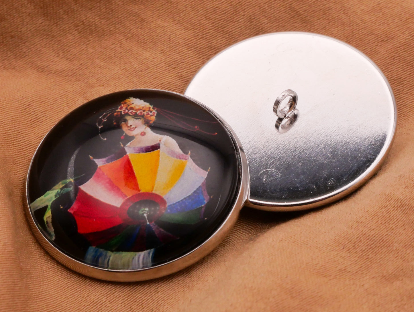 Umbrella Parasol 1920s Woman Illustration Glass Silver Metal Button 27mm