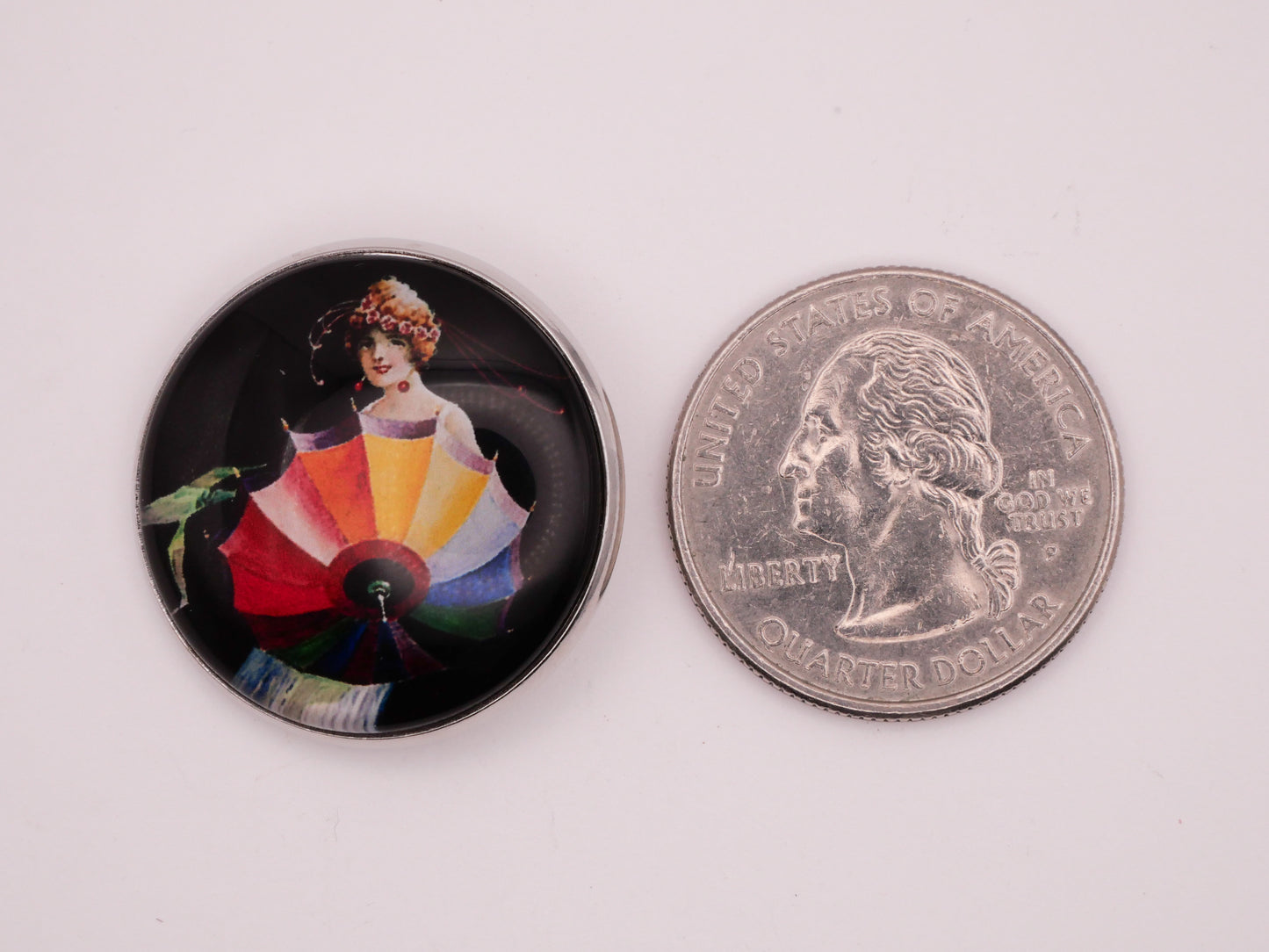 Umbrella Parasol 1920s Woman Illustration Glass Silver Metal Button 27mm