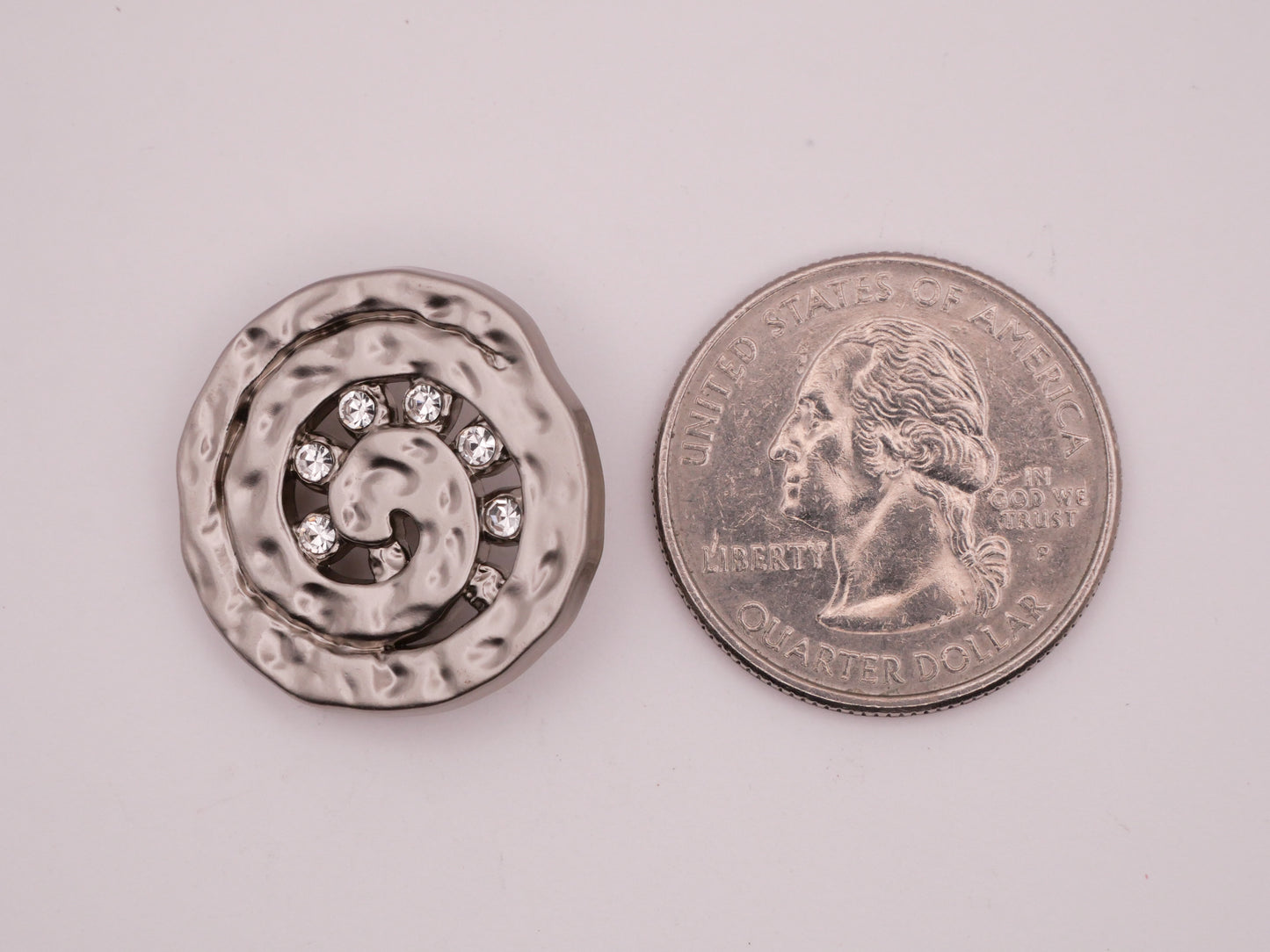Swirl Spiral Whirlpool Hammered Silver Metal Rhinestone Button 23mm
