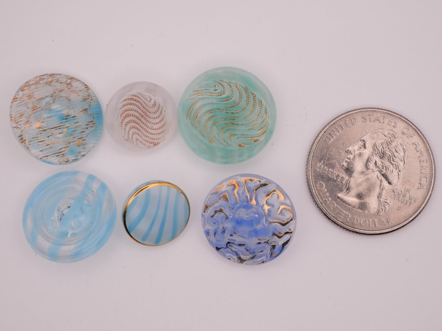 Rainy Look Blue Teal White Design in Glass Vintage Button Various 13-19mm
