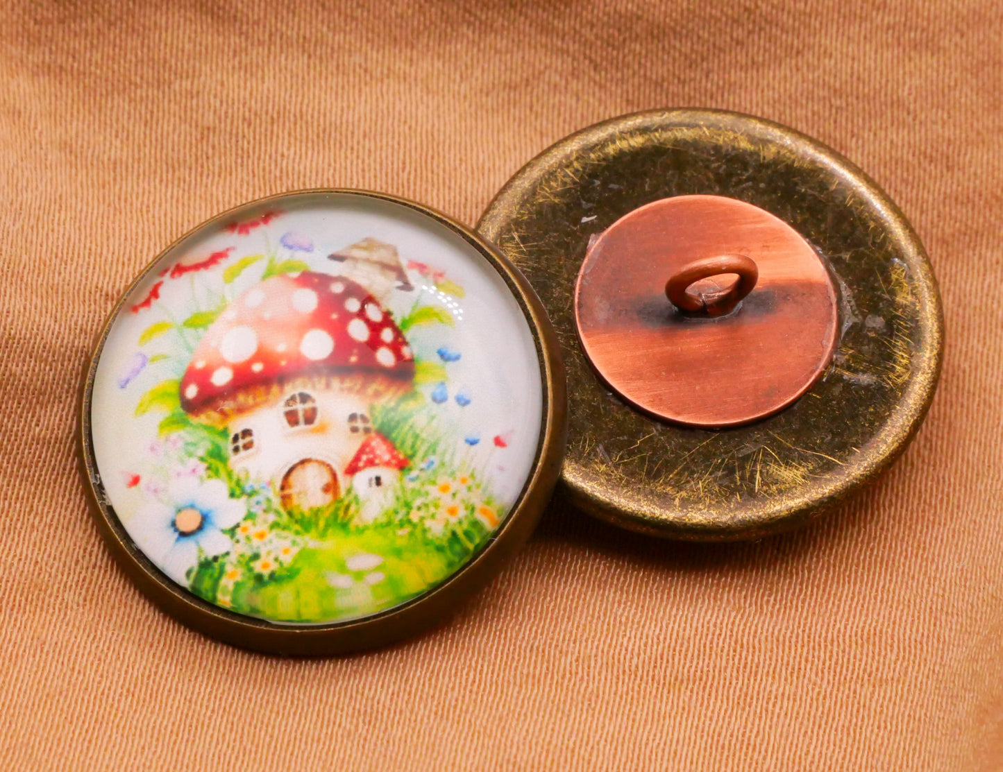 Mushroom Fairy House Dome Glass Metal Button 21mm