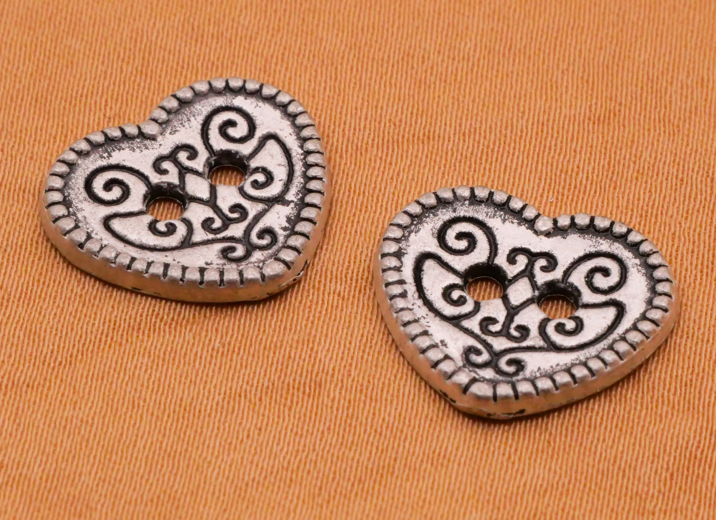 Heart Filigree Sew-Thru Silver Metal Pair of Buttons 14x15mm
