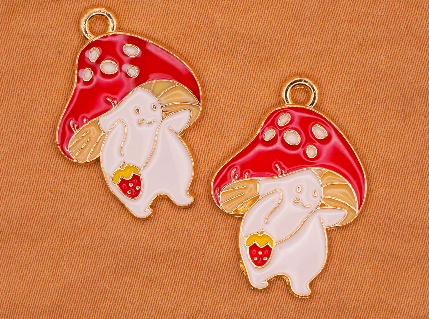 Mushroom Friend Strawberry Purse Enamel Metal Pair of Charms Embellishments 18x25mm