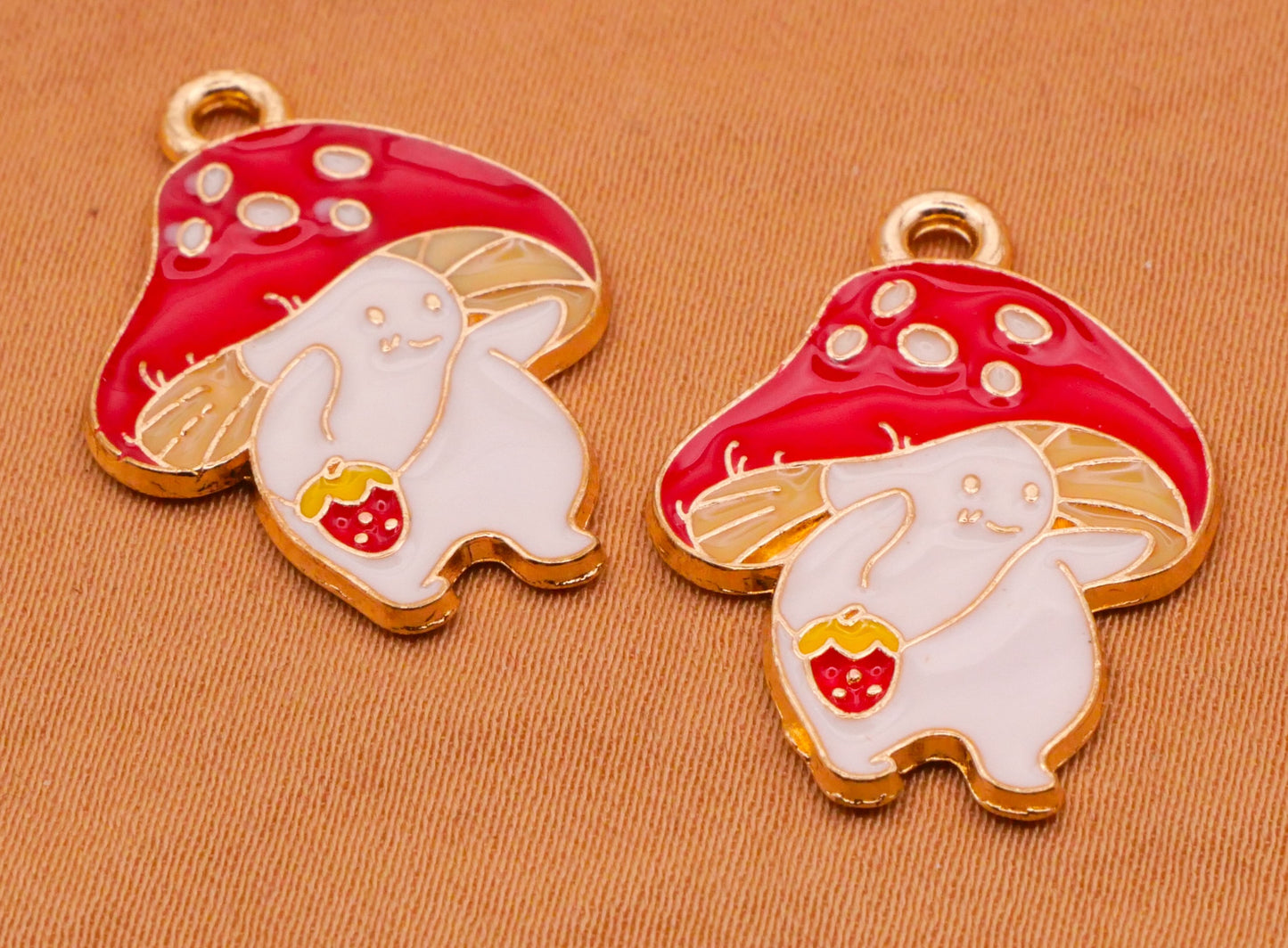 Mushroom Friend Strawberry Purse Enamel Metal Pair of Charms Embellishments 18x25mm