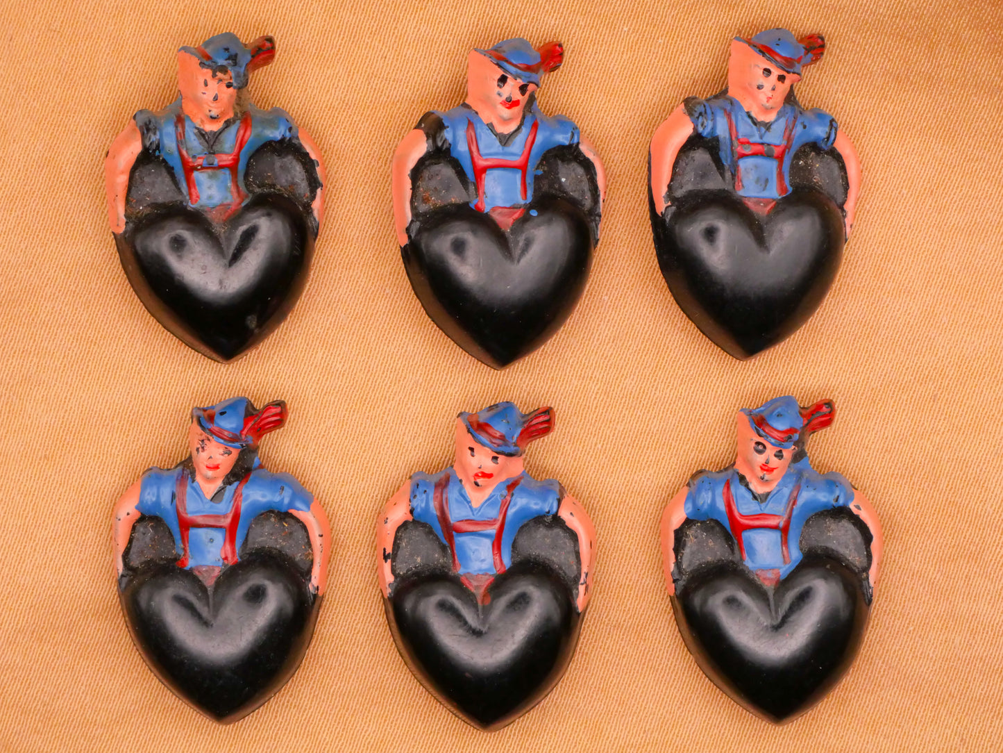 Heart Tyrolean Man Vintage Painted Plastic Button 16x24mm