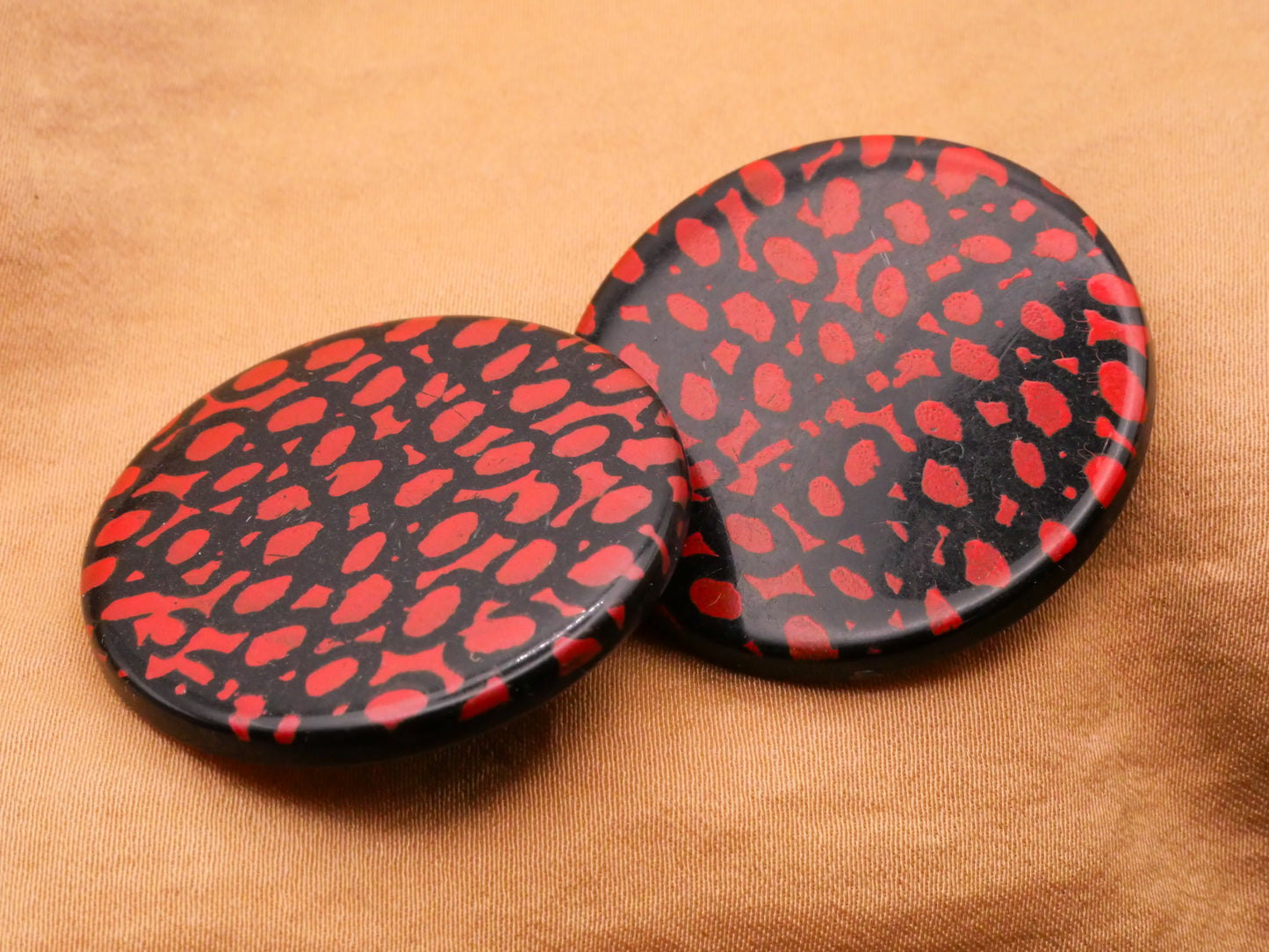 Organic Abstract Red Black Large Vintage Plastic Pair of Buttons 34mm
