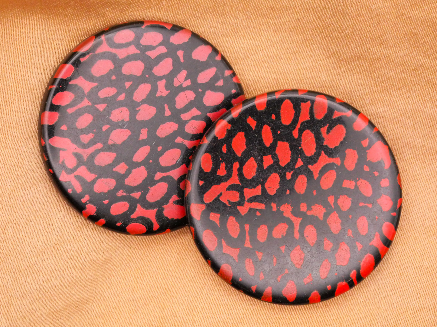 Organic Abstract Red Black Large Vintage Plastic Pair of Buttons 34mm