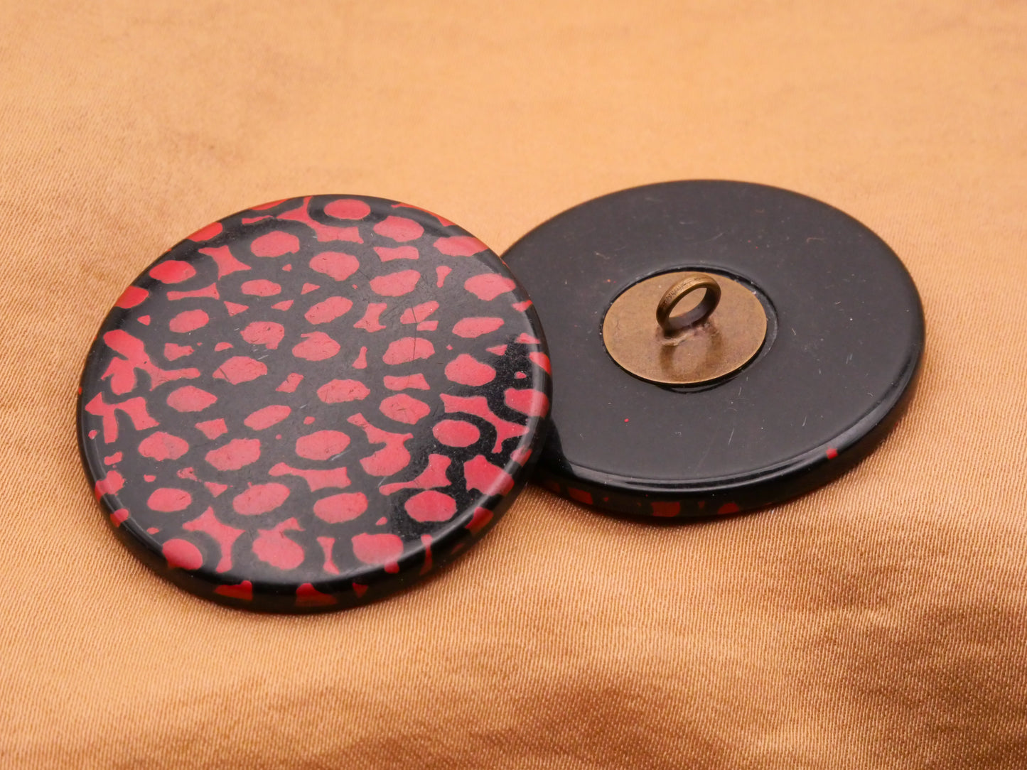 Organic Abstract Red Black Large Vintage Plastic Pair of Buttons 34mm
