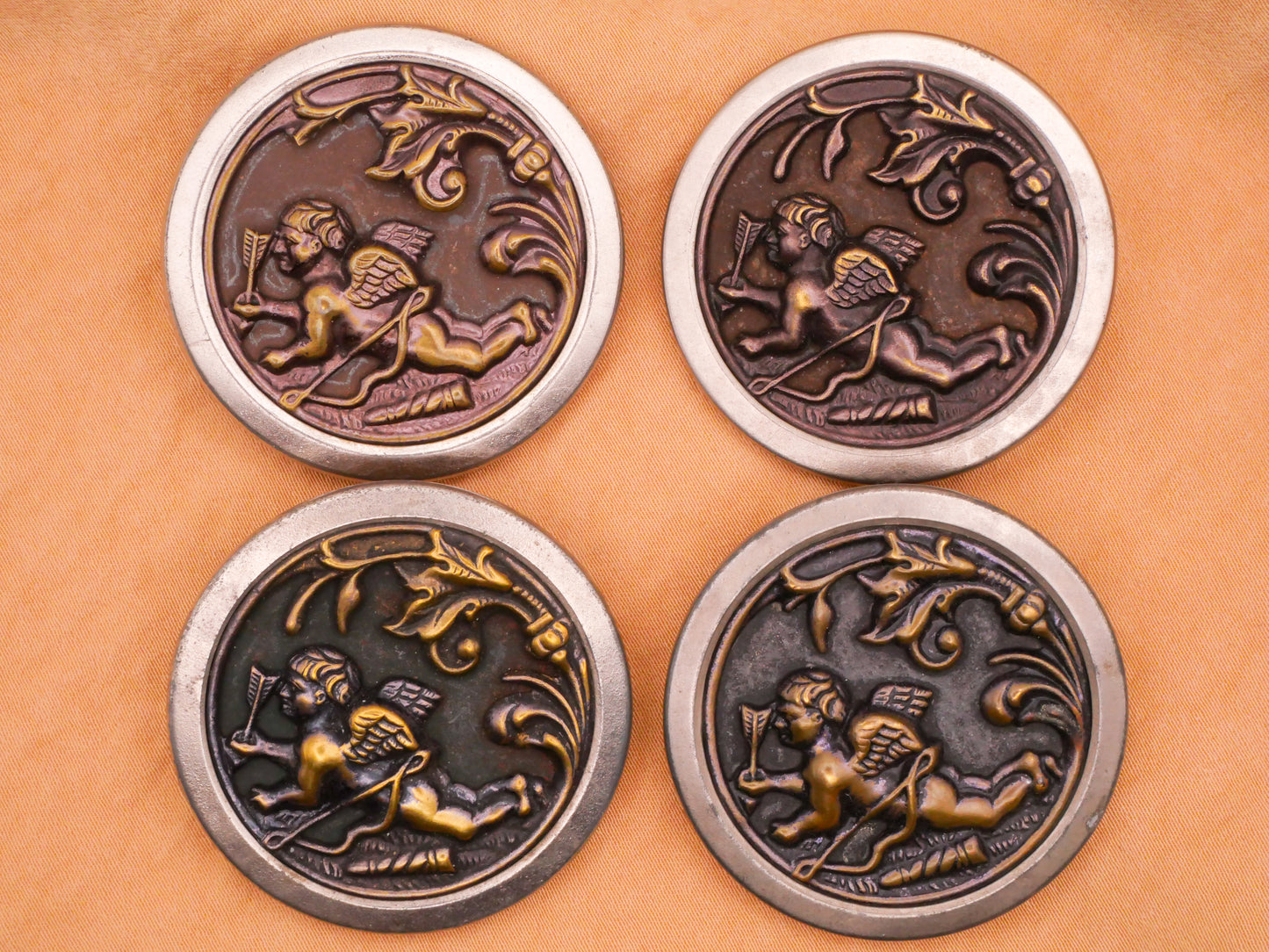 Cherub Cupid Bow Arrow Foliage Tinted Large Victorian Metal Button 38mm