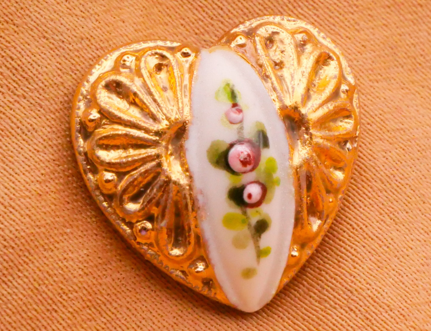 Heart Gold Rose Bud Hand-Painted Porcelain Ceramic Button 16x17mm