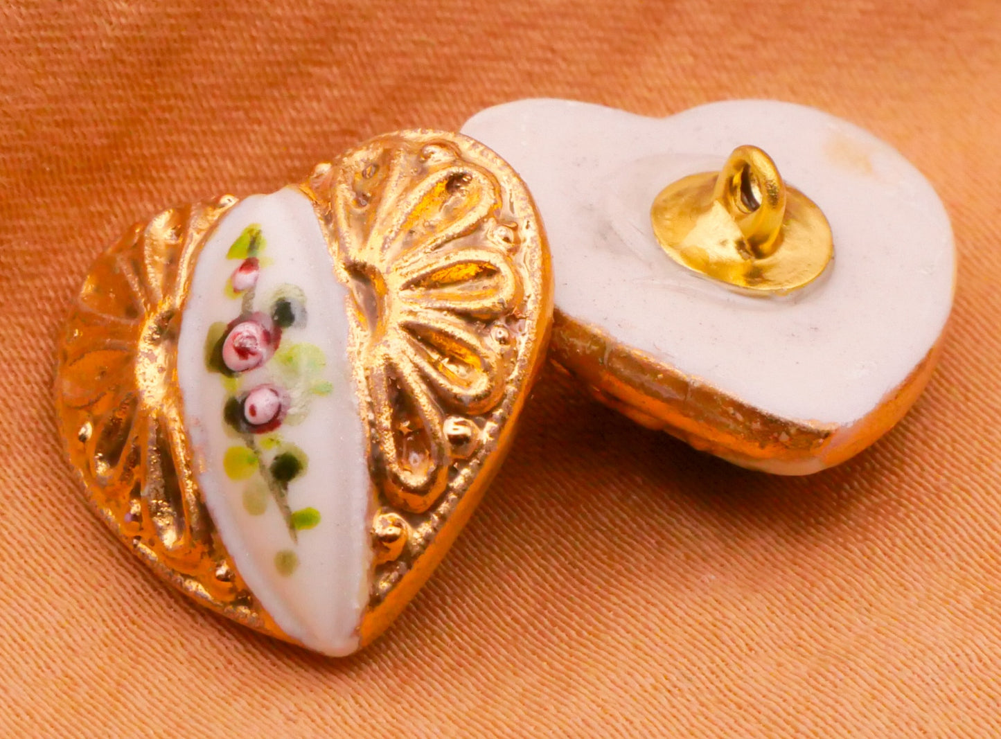 Heart Gold Rose Bud Hand-Painted Porcelain Ceramic Button 16x17mm