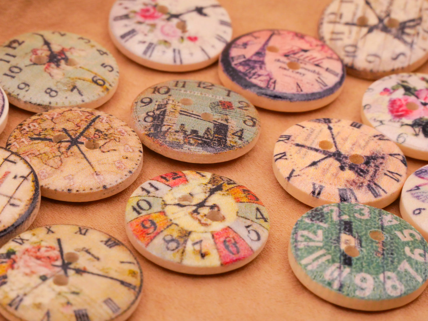 Clock Face Travel Flower Paris London Wood Set of Ten Buttons 20mm