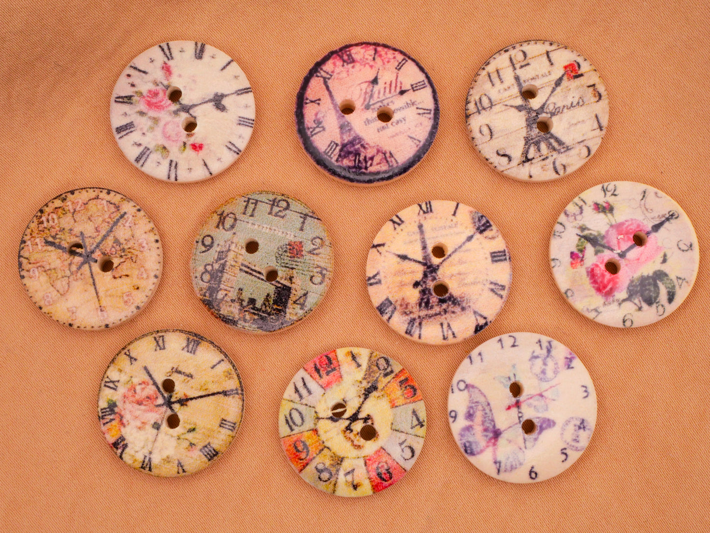 Clock Face Travel Flower Paris London Wood Set of Ten Buttons 20mm
