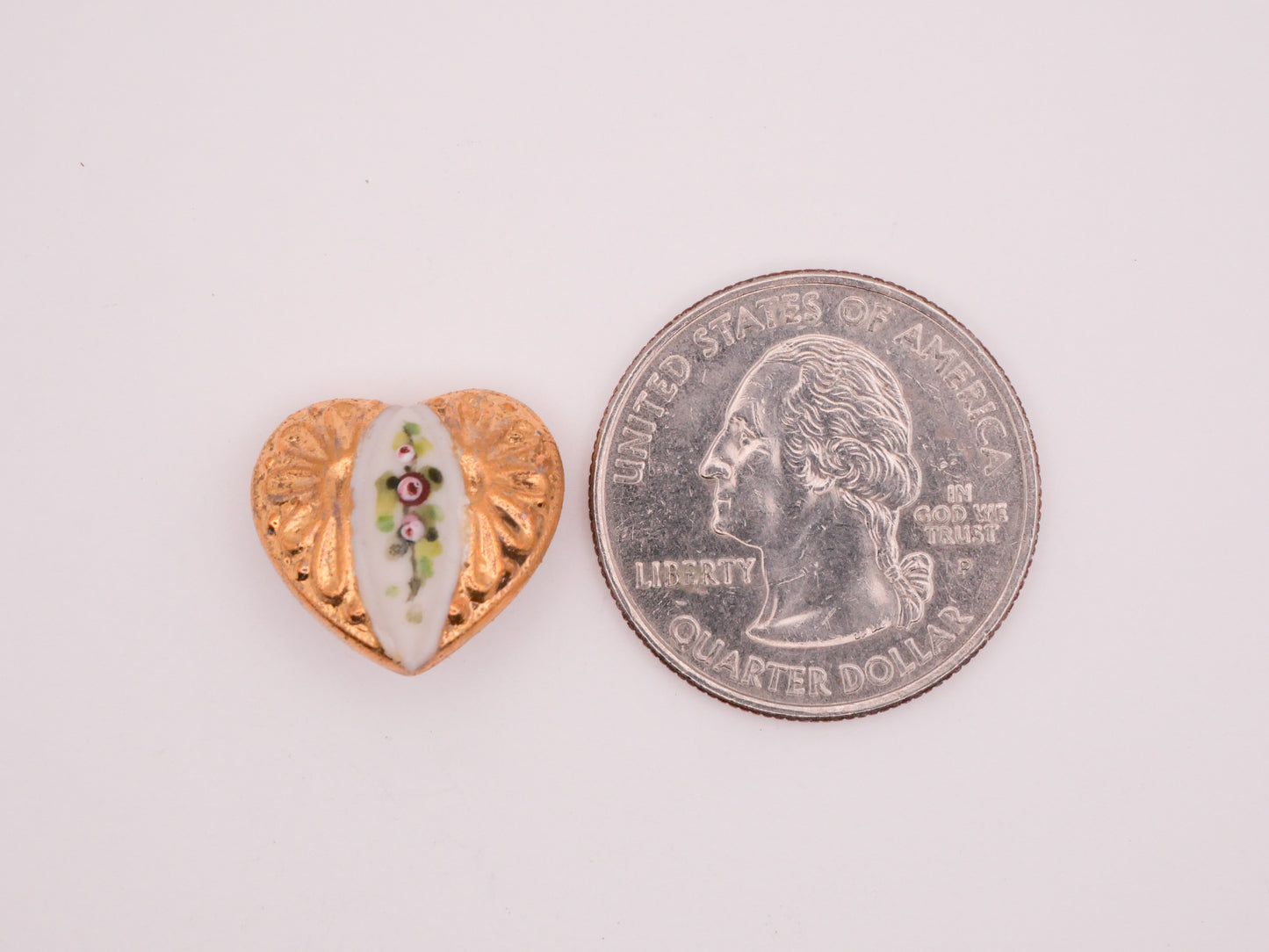 Heart Gold Rose Bud Hand-Painted Porcelain Ceramic Button 16x17mm