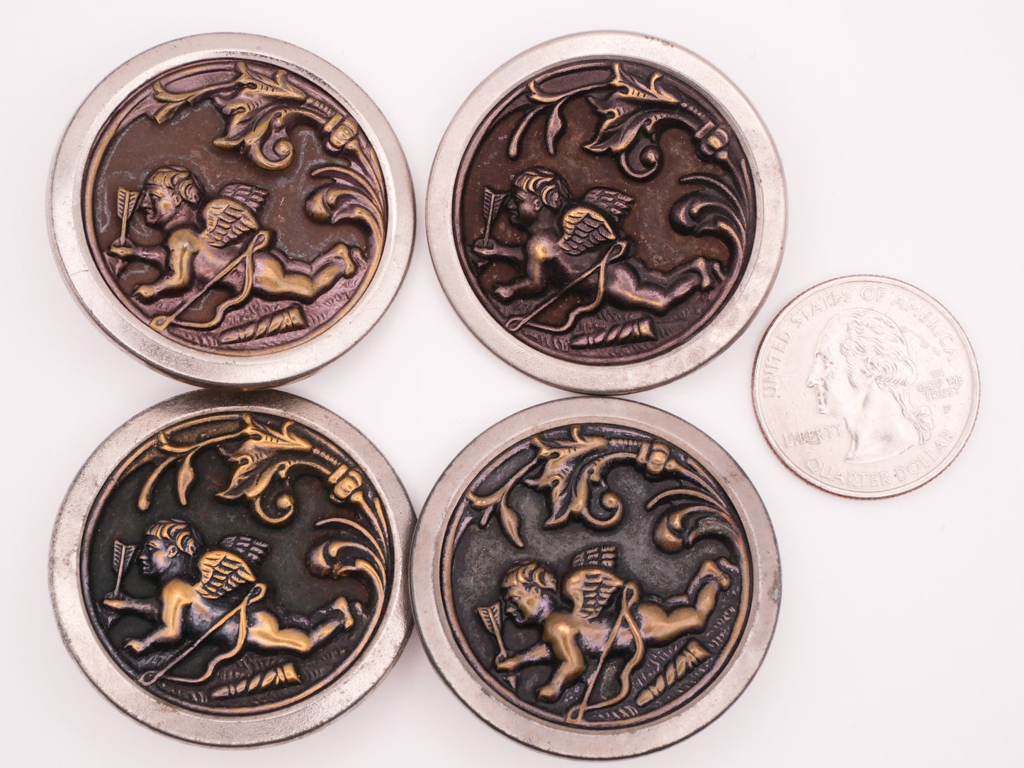 Cherub Cupid Bow Arrow Foliage Tinted Large Victorian Metal Button 38mm
