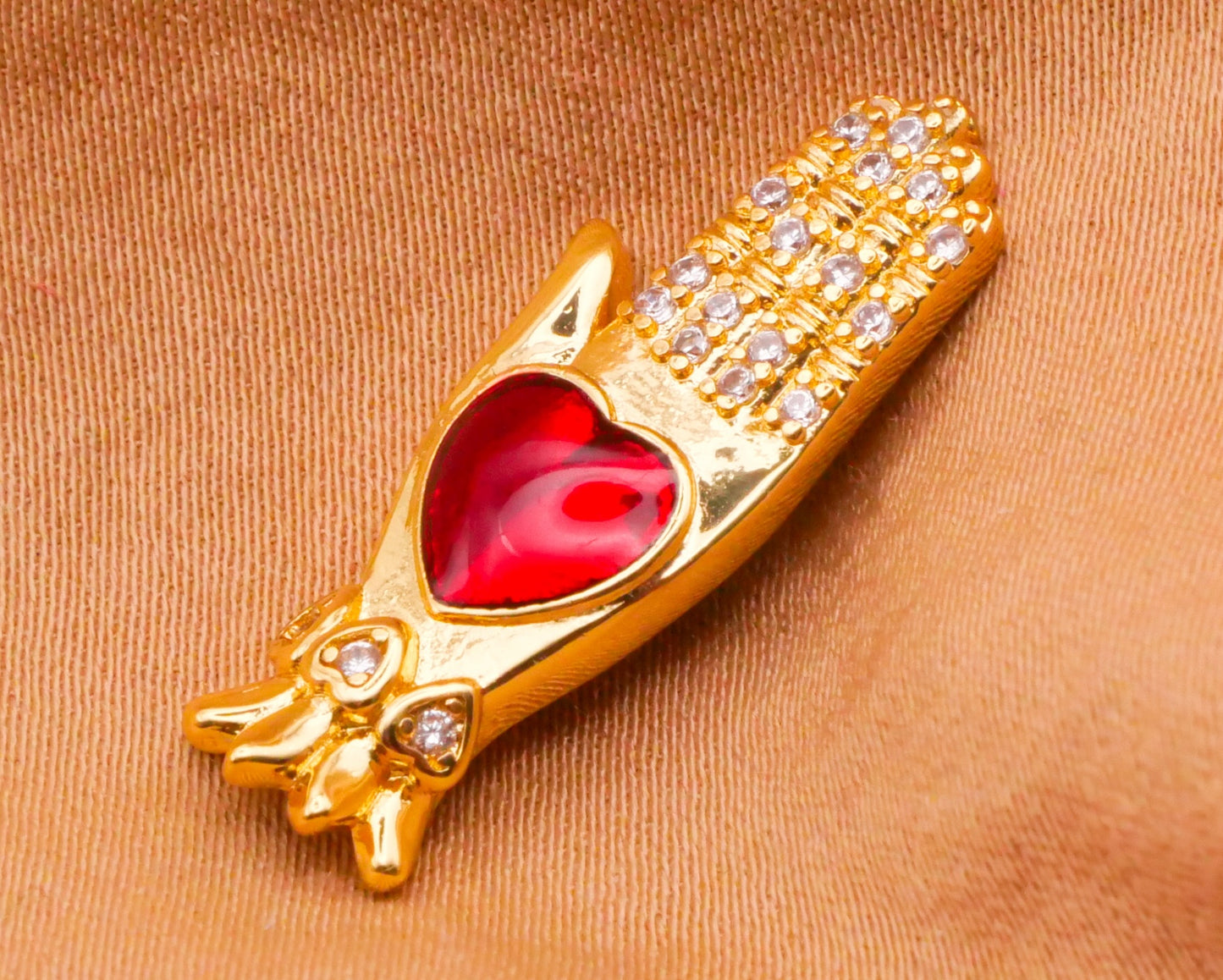 Hand Heart Rhinestone Red Enamel Gold Metal Button 10x25mm