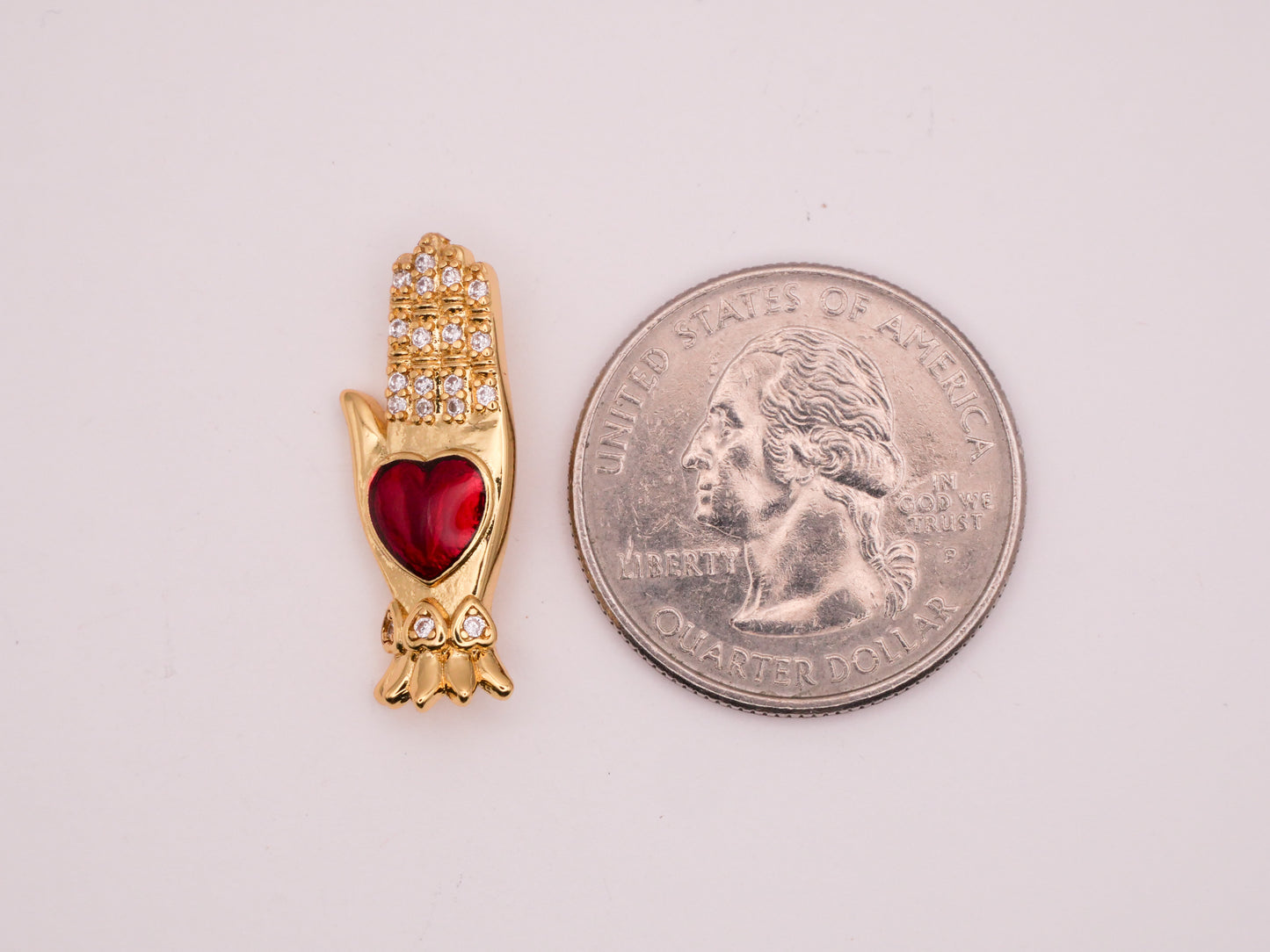 Hand Heart Rhinestone Red Enamel Gold Metal Button 10x25mm