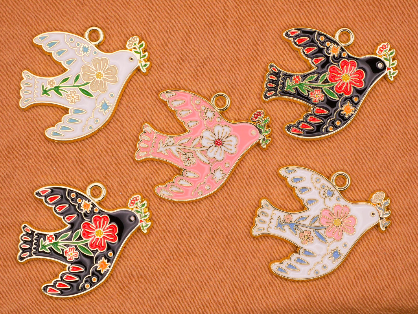 Bird Folk Art Flowers Set of Five Charms Embellishments 23x28mm
