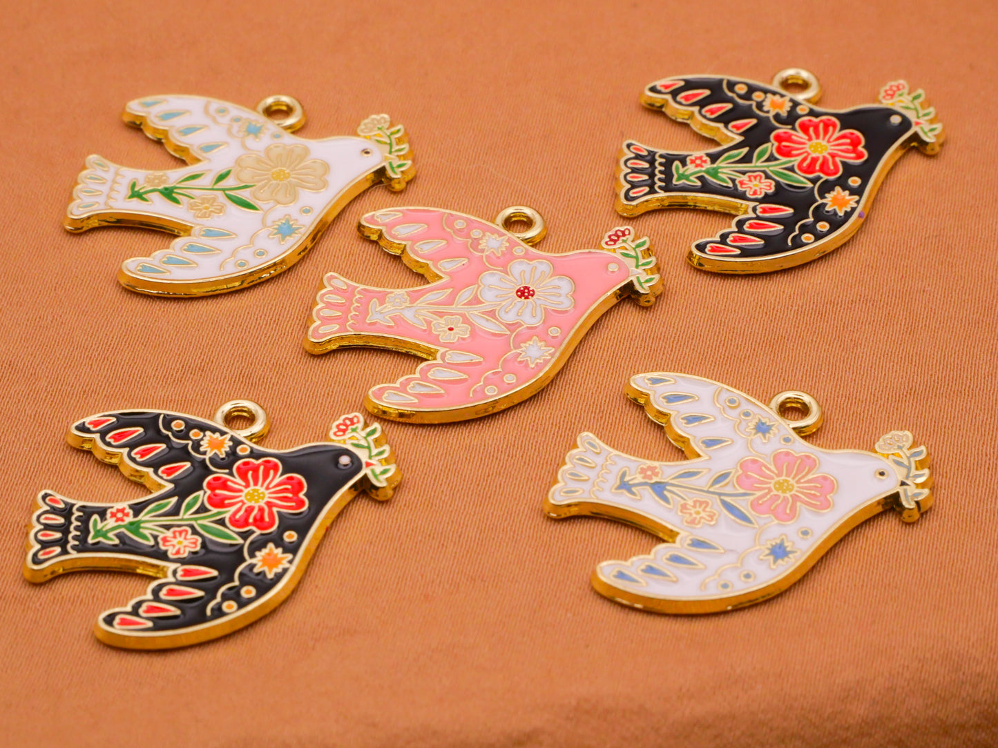 Bird Folk Art Flowers Set of Five Charms Embellishments 23x28mm