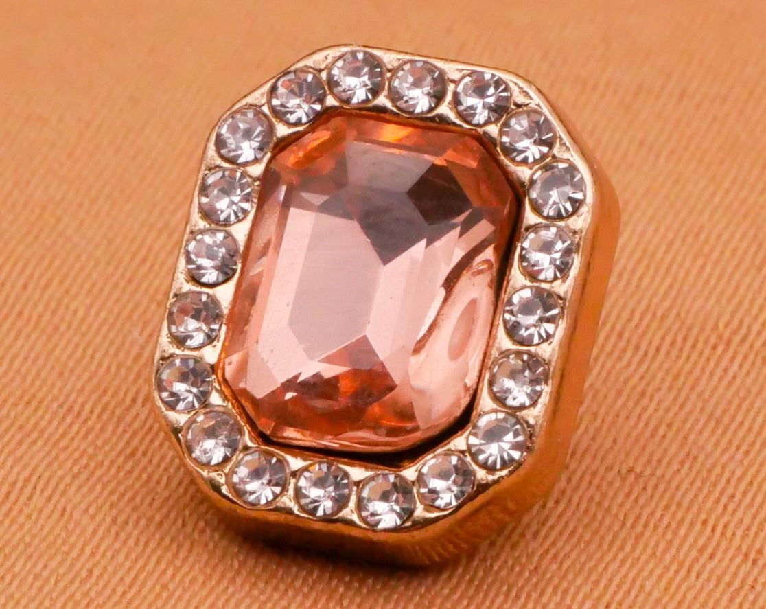 Pink Emerald Cut Glass Rhinestone Gold Metal Button 10x12mm