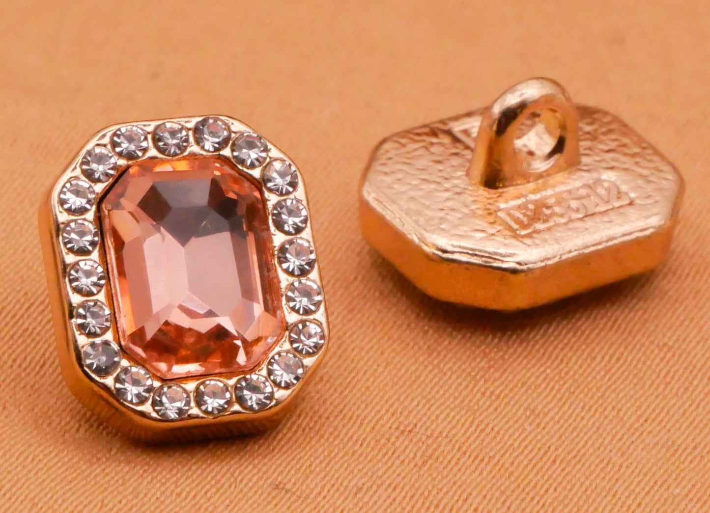 Pink Emerald Cut Glass Rhinestone Gold Metal Button 10x12mm