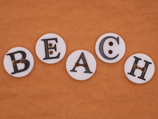 Beach Verbal Letters Plastic Set of Five Buttons 15mm