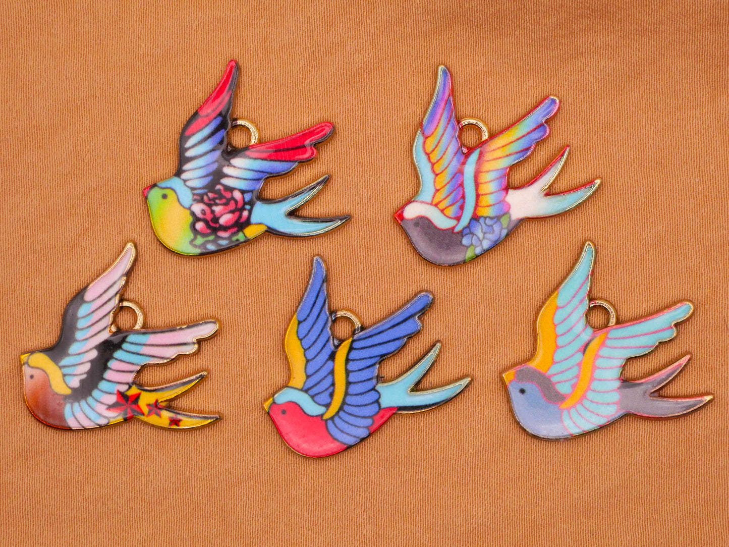 Swallow Bird Tattoo Inspired Design Metal Set of Five Charms Embellishments 21x22mm