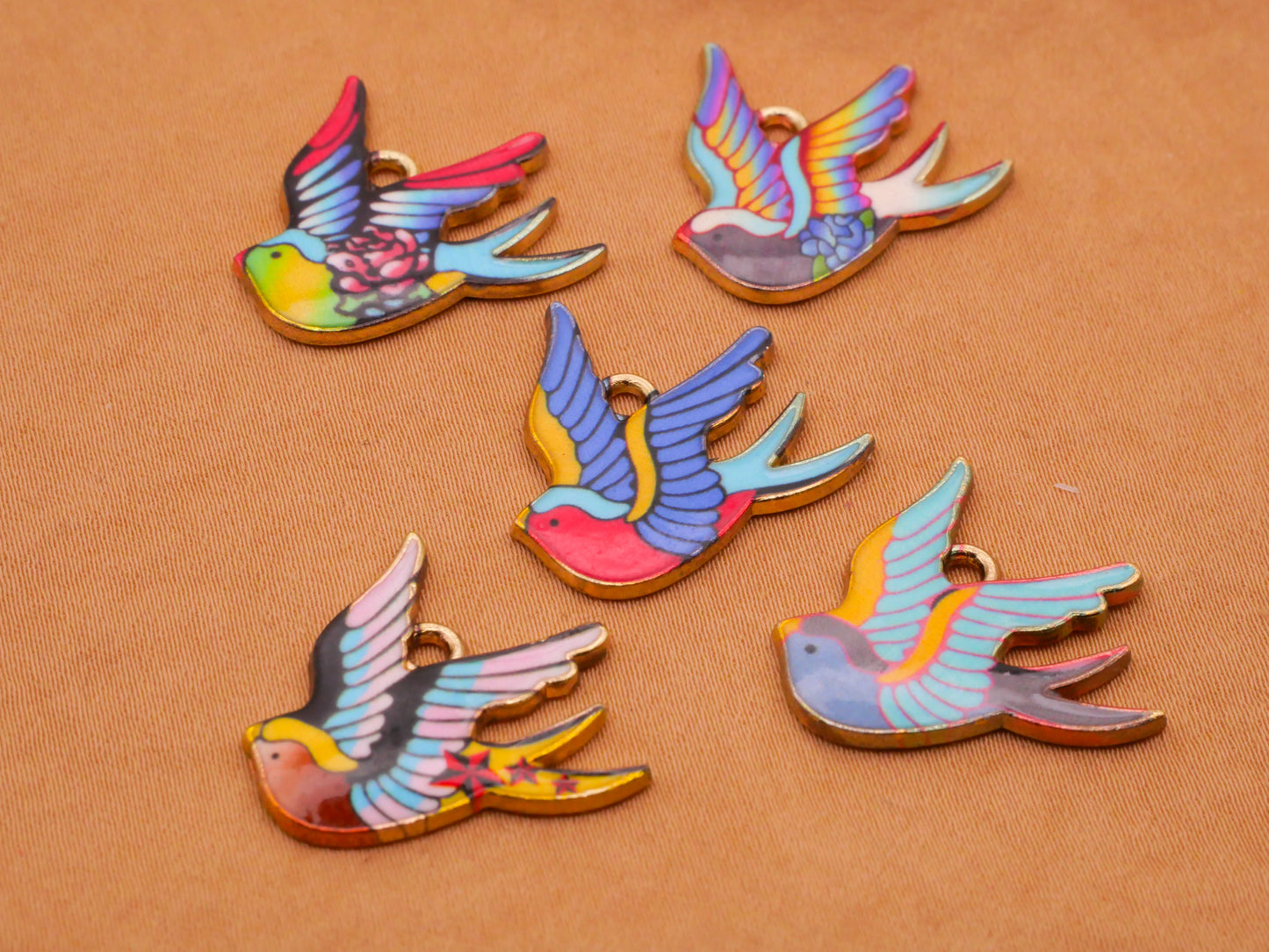 Swallow Bird Tattoo Inspired Design Metal Set of Five Charms Embellishments 21x22mm