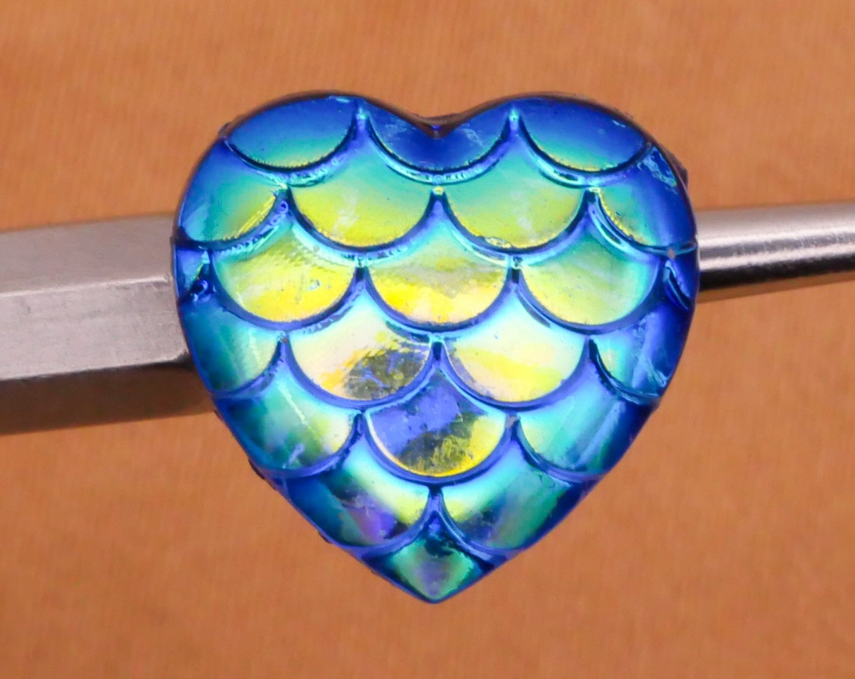 Heart Mermaid Scales Design Blue Green Iridescent Plastic Set of Five Buttons 12mm