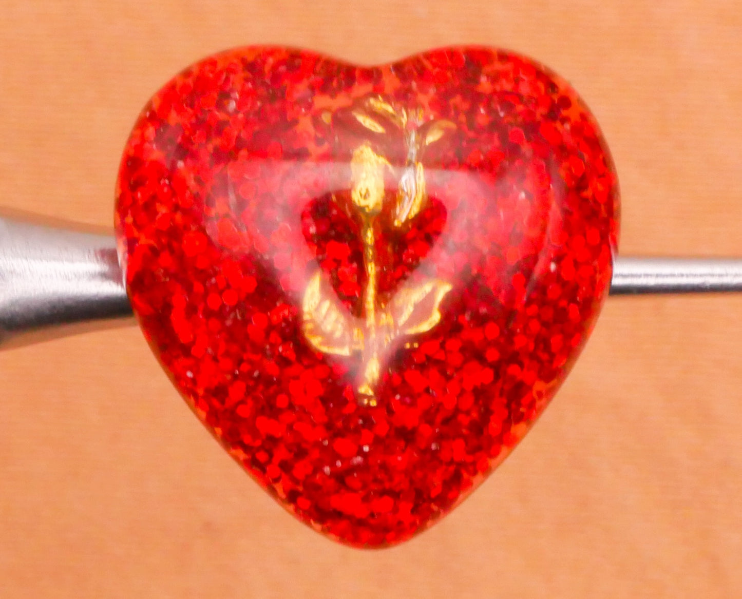 Heart Red Glitter Gold Rose Junque Like Plastic Button 17mm