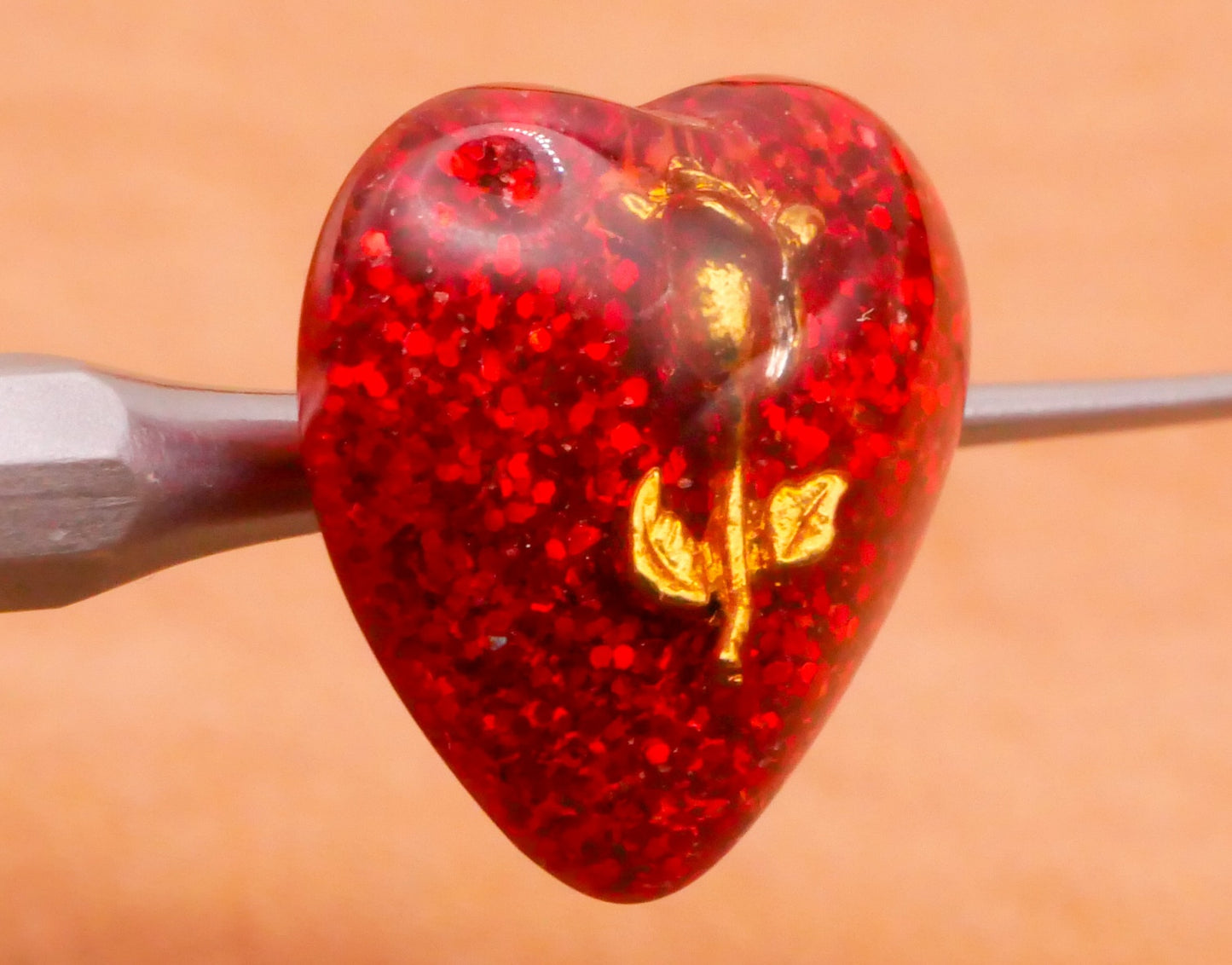Heart Red Glitter Gold Rose Junque Like Plastic Button 17mm