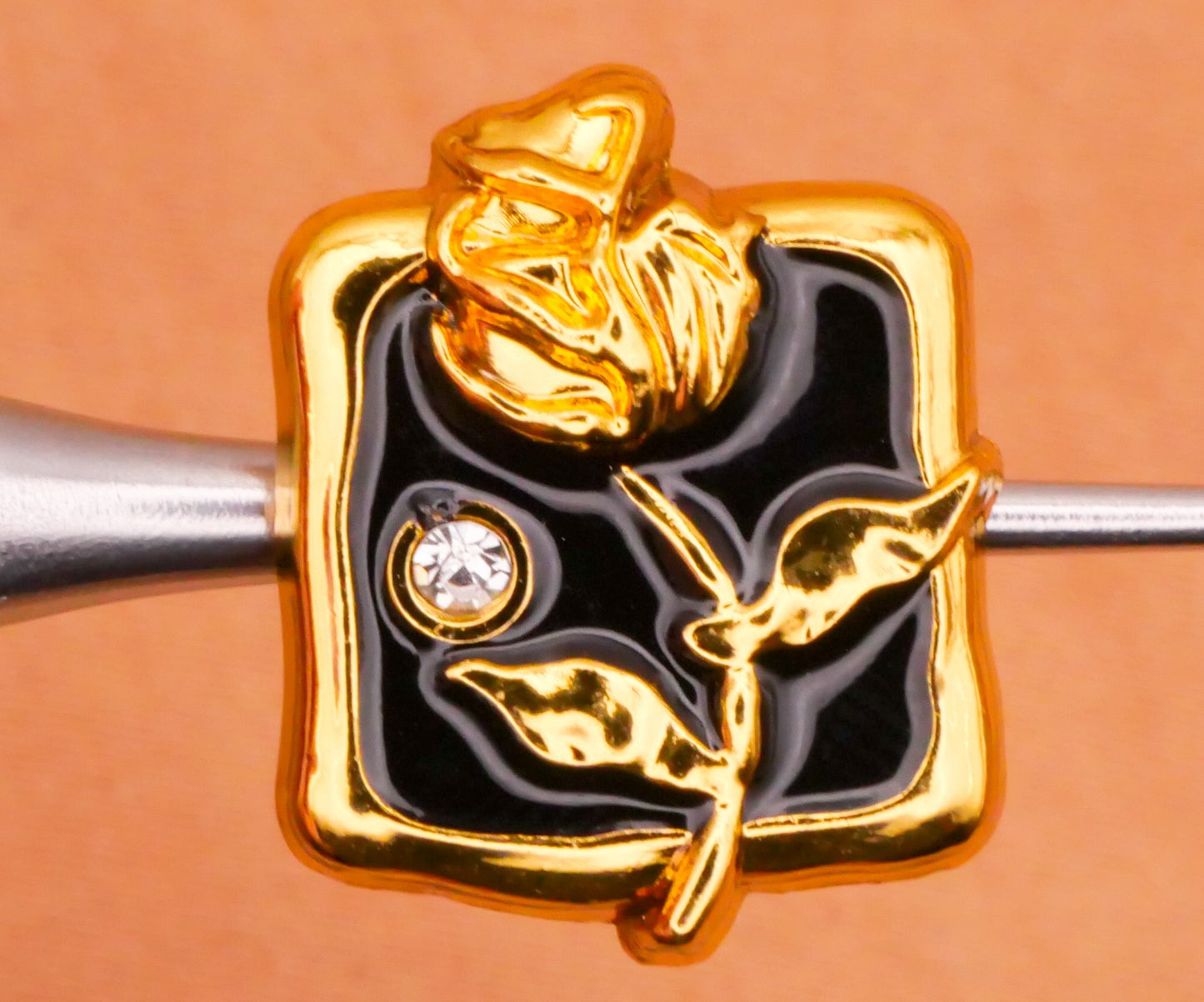 Rose Rhinestone Black Enamel Gold Metal Button 14x18mm