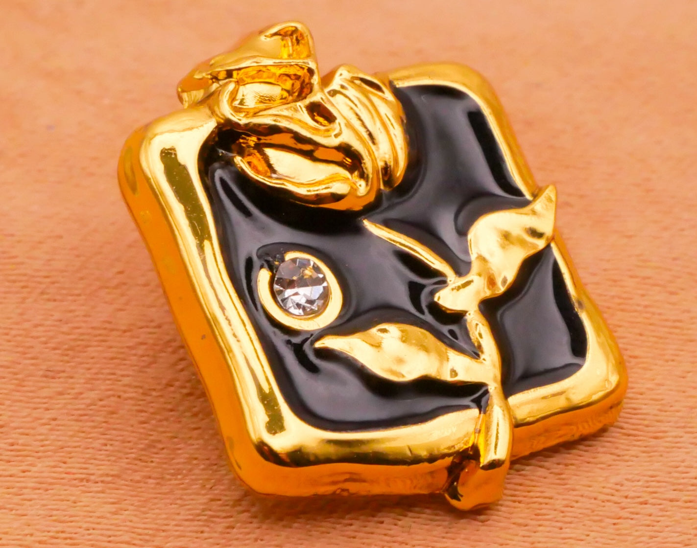 Rose Rhinestone Black Enamel Gold Metal Button 14x18mm